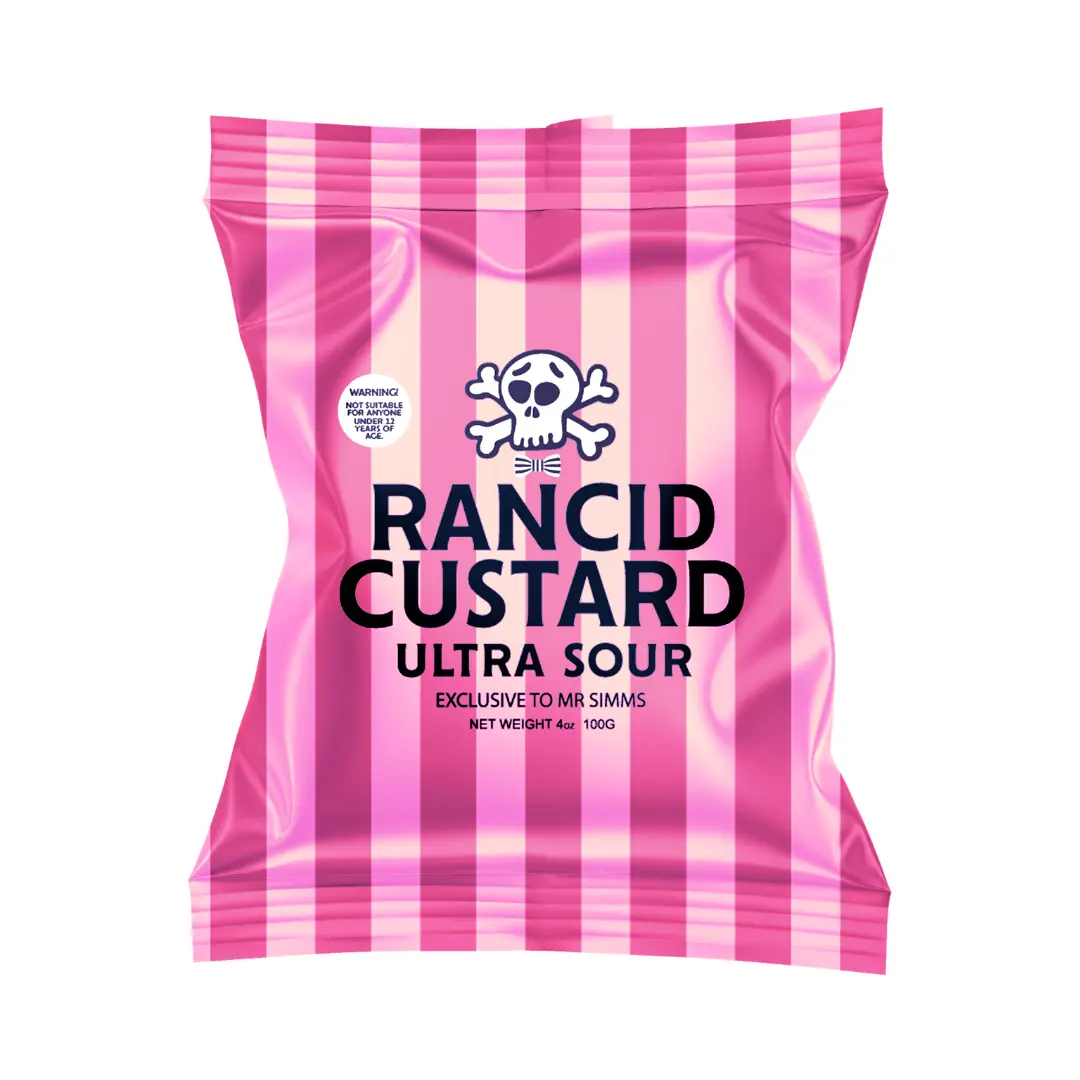 Mr. Simms Rancid Custard Ultra Sour Snacks with Xanthan Gum, Soya, Gum Arabic, Yes, Bicarbonate of Soda