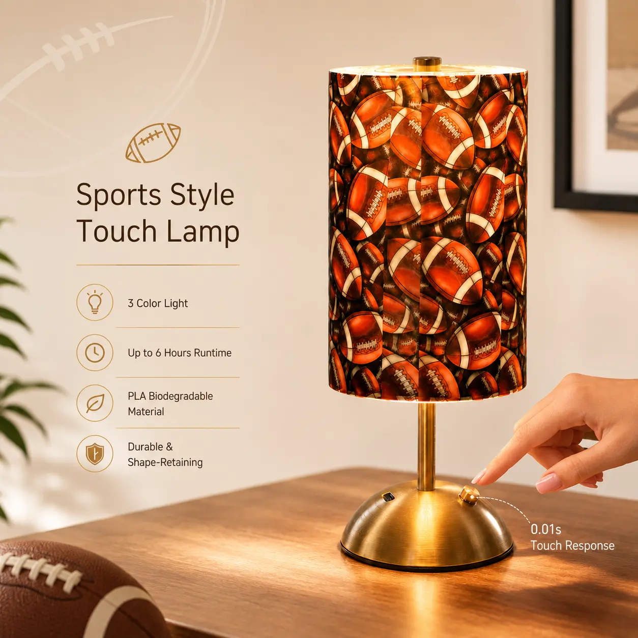 Full Print American Football UV-Printed PLA Rechargeable Table Lamp, Touch Control, 3-Color Stepless Dimming, Cordless Ambient Light, Brushed Brass Metal Base, Type-C Charging, Portable Battery Night Light for Man Caves, Sports Bars