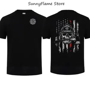 Thin Red Line Firefighter Skull Graphic T-Shirt, Tactical Fire Dept Hero Apparel, Bold Statement American Flag  Dad Shirt Gift for Men Top, Gift Father's Day