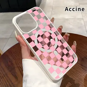 Magnetic Case Compatible for iPhone 17 Pro Max 16 Plus 15 14 13 12 11 Air E  Pink Checkered Charm Clear Acrylic Back Drop Protection Pocket-Friendly Cellphone Cover Gift for Girl