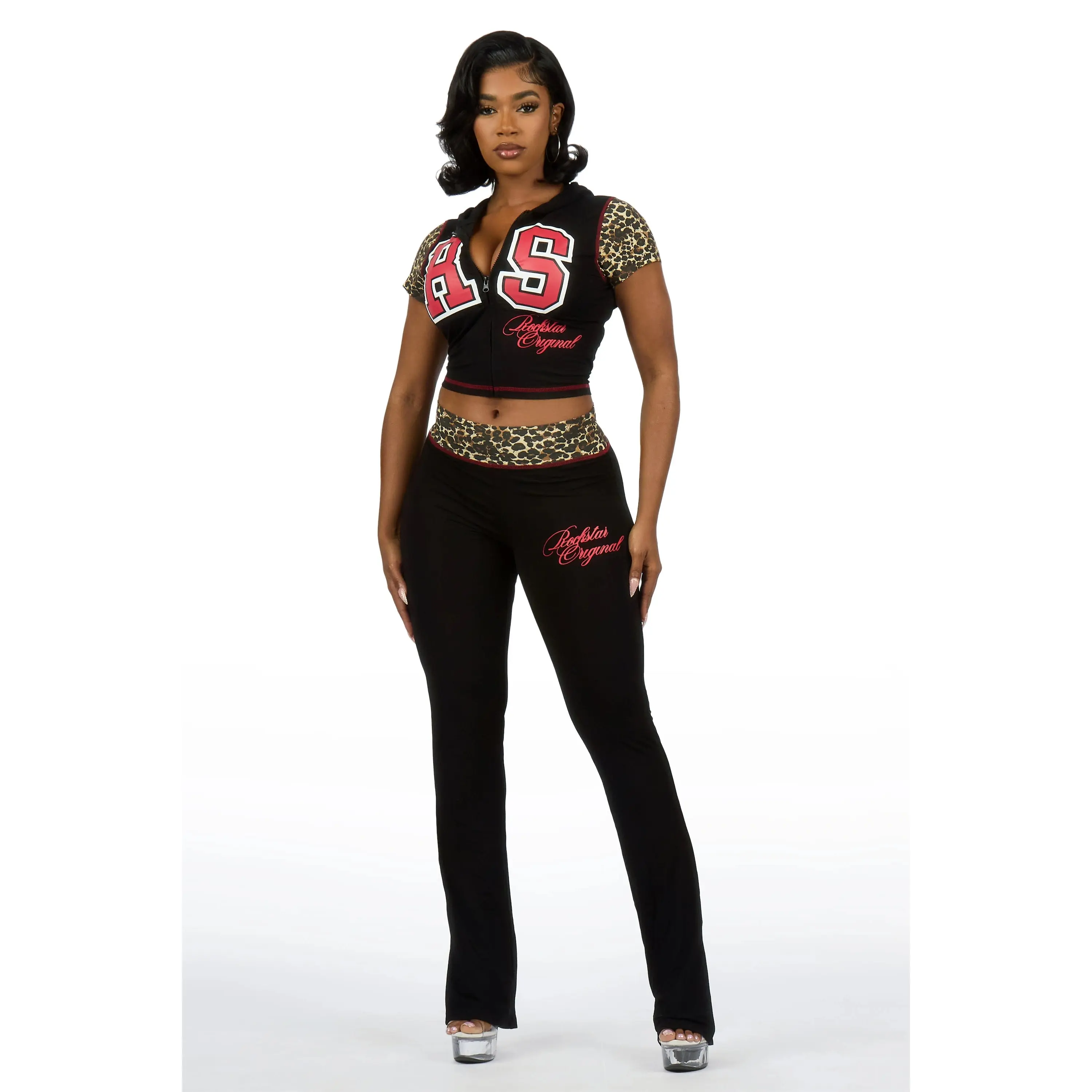 Kateya Black/Cheetah Short Sleeve Zip Up Track Set Kateya Black/Cheetah Short Sleeve Zip Up Track Set