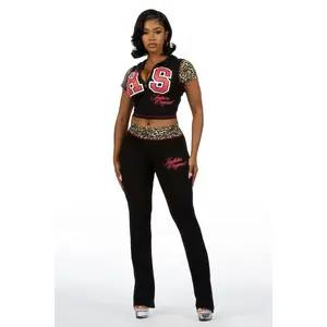 Kateya Black/Cheetah Short Sleeve Zip Up Track Set
