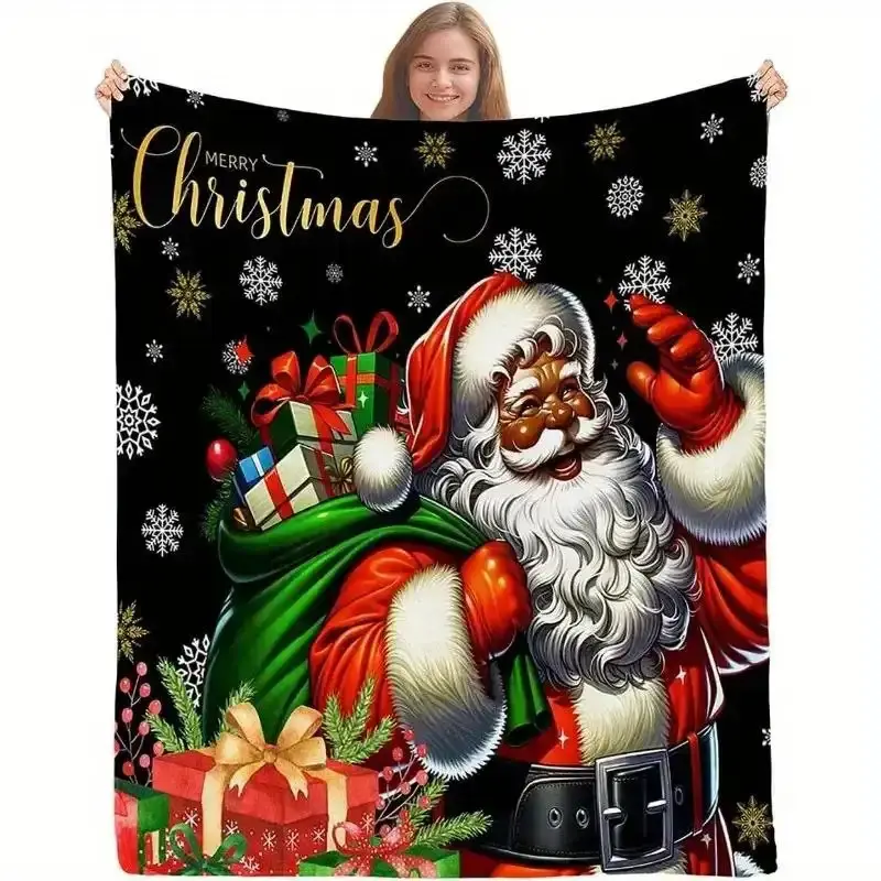 Extra Large Black Santa Claus Blanket - African American Christmas Design with Golden Lettering & Gifts - Plush Flannel All-Season Soft Warmth - Lightweight Luxury Throw for Sofa, Bed, or Floor - Multi-Color Options (Green, Golden, White, Red) - -Pilling
