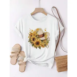 Sunflower Print Round Neck T-Shirt, Casual Loose Fit Short Sleeve Tee Top For Women, Summer