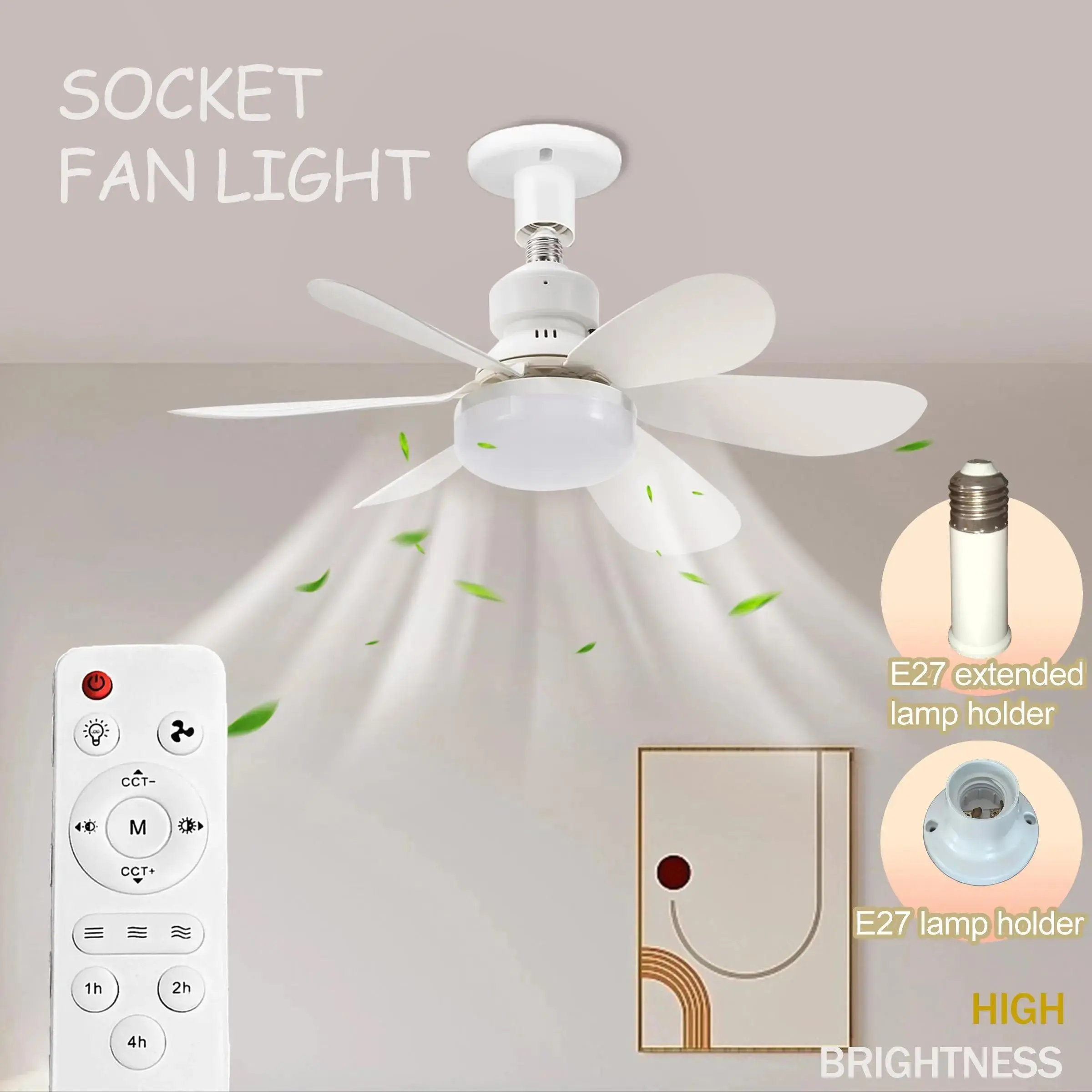 Plug-in Ceiling Fan Light with Remote Control - Socket Fan Light, Pure Copper DC Motor, Variable-Speed, Energy Efficient Quiet Operation, Adjustable Dimmable Lighting, Timer Function, Modern Home Decor Accessory for Low Rooms
