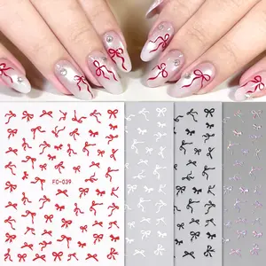 2D Ribbon Bow Nail Art Stickers, Red Black White Mini Bowknot Self-Adhesive Nail Stickers, Laser Gold Silver Playful Cute Tiny Bows Peel and Stick Nail Decals for Manicure, French Nail Art DIY Nail Decoration Accessories for Women and Girls