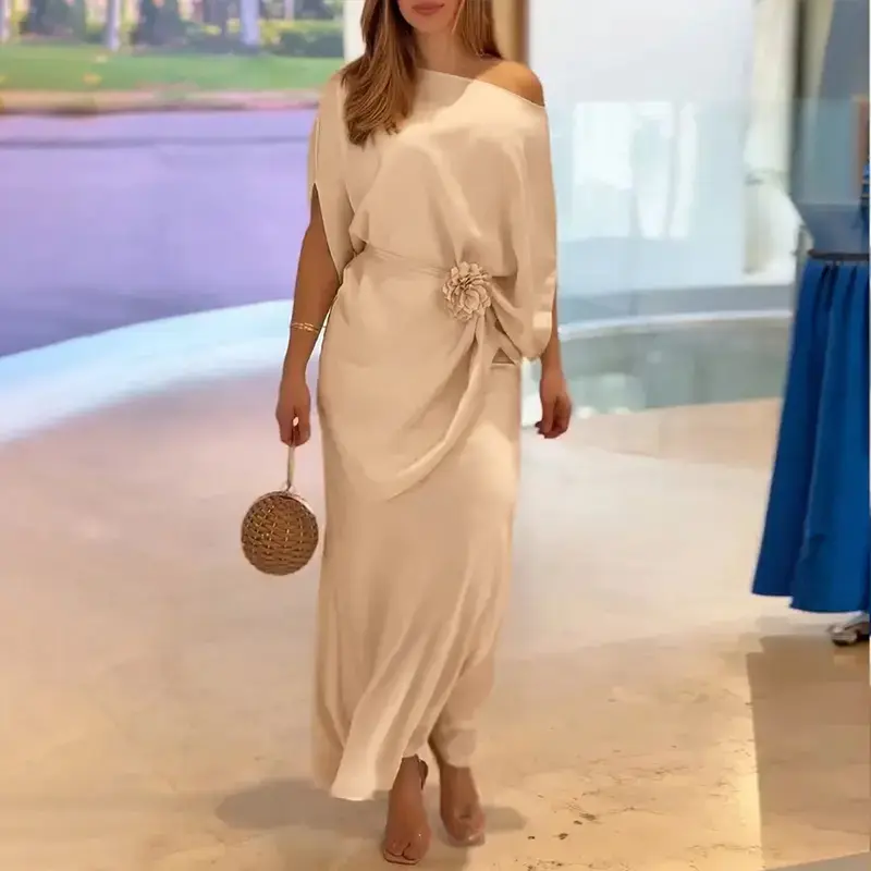 Women's 2 Pieces Outfit Skew Neck Batwing Sleeve Asymmetrical Hem Top and High Waist Zipper Side Mermaid Hem Maxi Skirt Set - Elegant Wedding & Wedding Guest Satin Evening Setwith 3D Flower Decor Belt