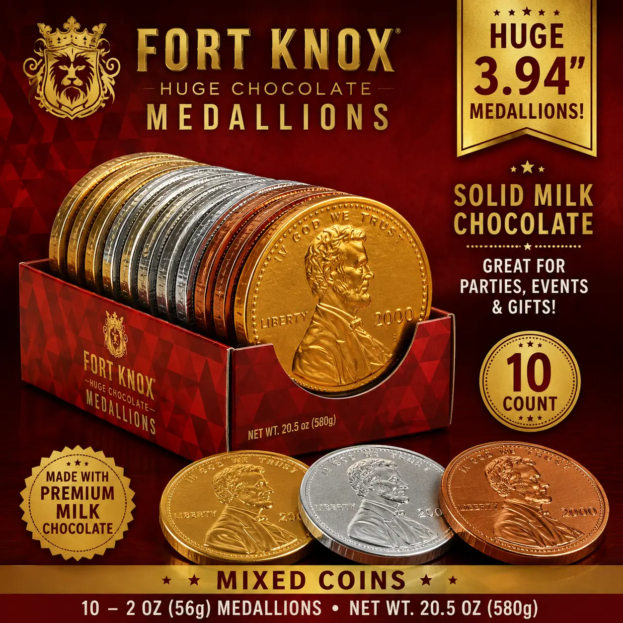 Fort Knox Huge Medallion Mixed Coins Chocolate 3.94 Inch 2 oz 10 Count Giant Chocolate Coins