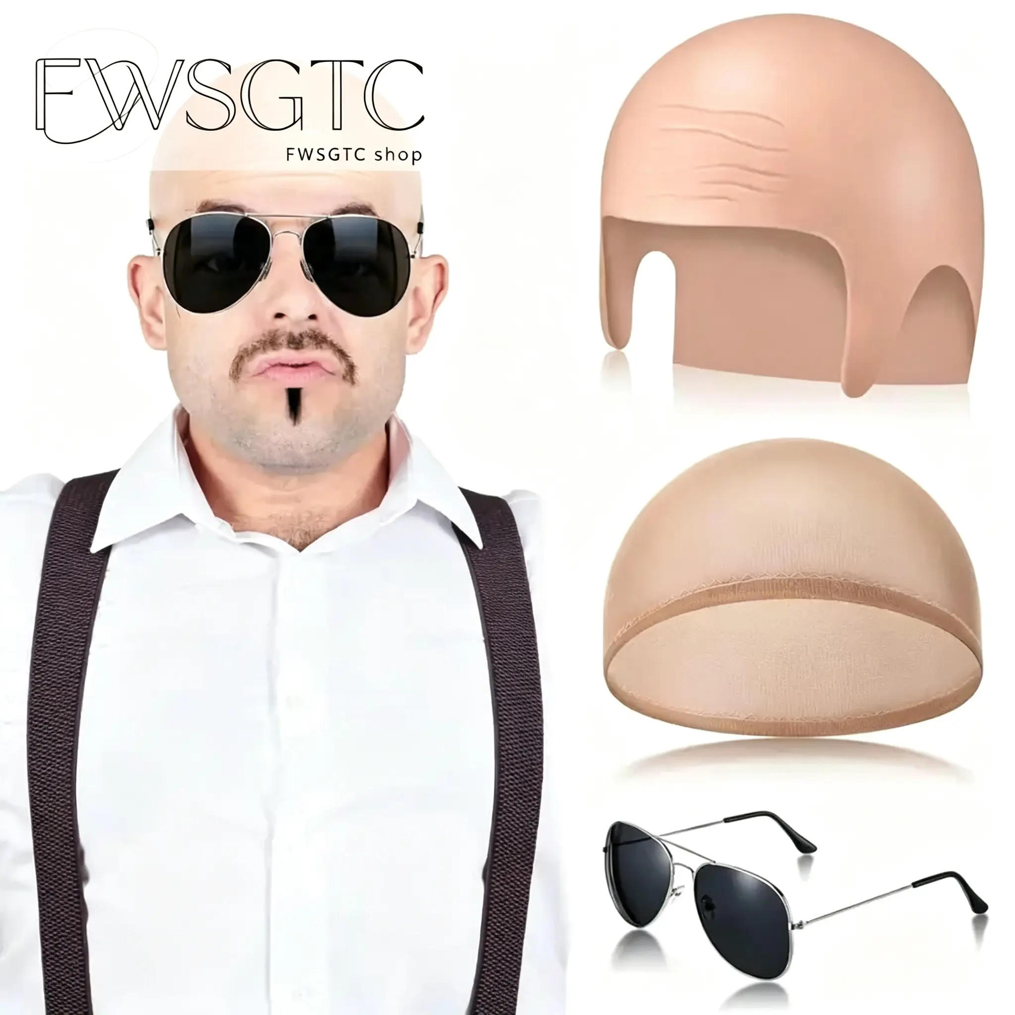 All-Gender Realistic Textured Latex Bald Head Costume Set, Elastic Stretch Bald Cap paired with Retro Aviator Sunglasses, Lightweight Cosplay Accessory Ideal for Halloween Cosplay, Stage Acting, Funny Pranks and Creative Themed Outfit Matching