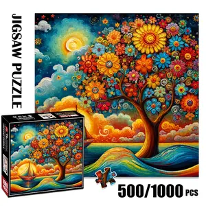 1pc 1000 piece adult puzzle 58x58cm Colorful Flower - Tree, Sailboat, Sunset and Waves Artwork 500 pieces paper jigsaw puzzle suitable for DIY creative games for adults and families, birthday and Colorful Blocks Puzzle
