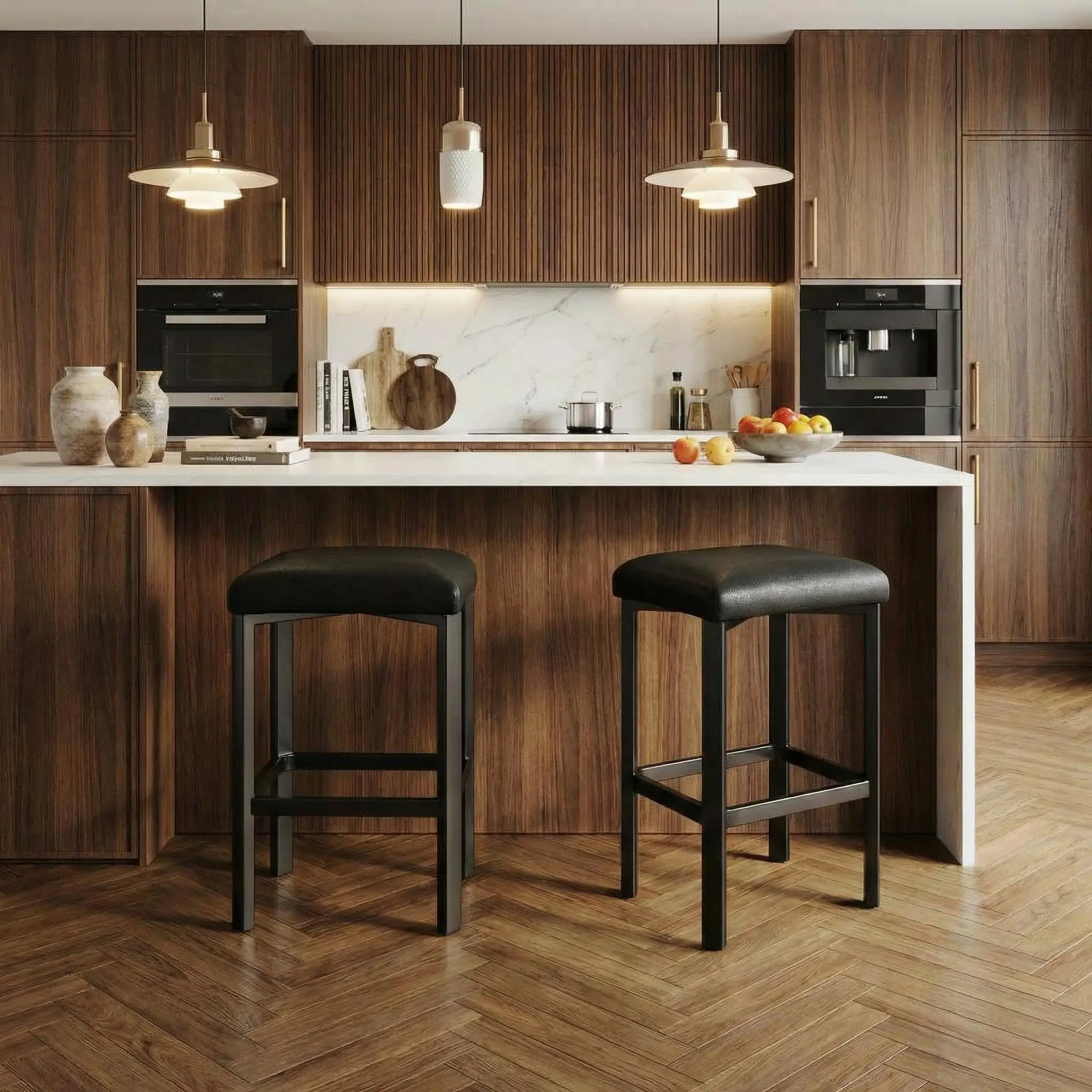 Modern Barstool Set of 2, 24-in Black Easy Wipe PU Leather Ergonomic Kitchen Chairs with 2-in Thick Upholstery, Counter Height, Sturdy Metal Base, Footrest Stool, Easy Assembly, for Home Bar, Kitchen Island