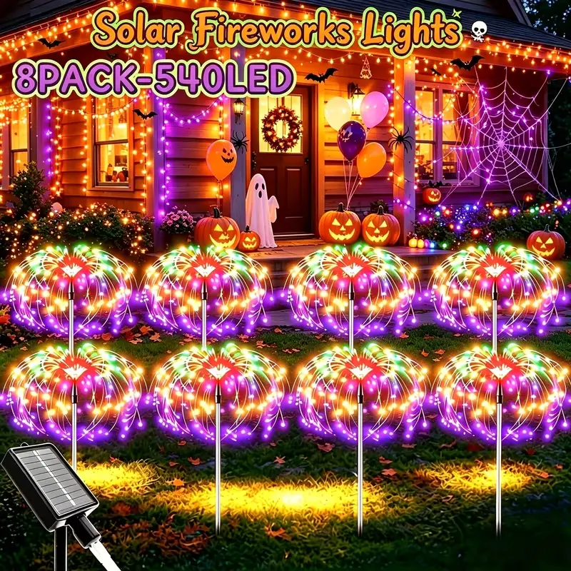 8 pieces of solar powered fireworks lights, 540LED outdoor garden fairy lights, IP65 waterproof LED light string, Christmas and Halloween decorative landscape lighting, solar powered, suitable for courtyard, lawn, terrace, garden, party decoration