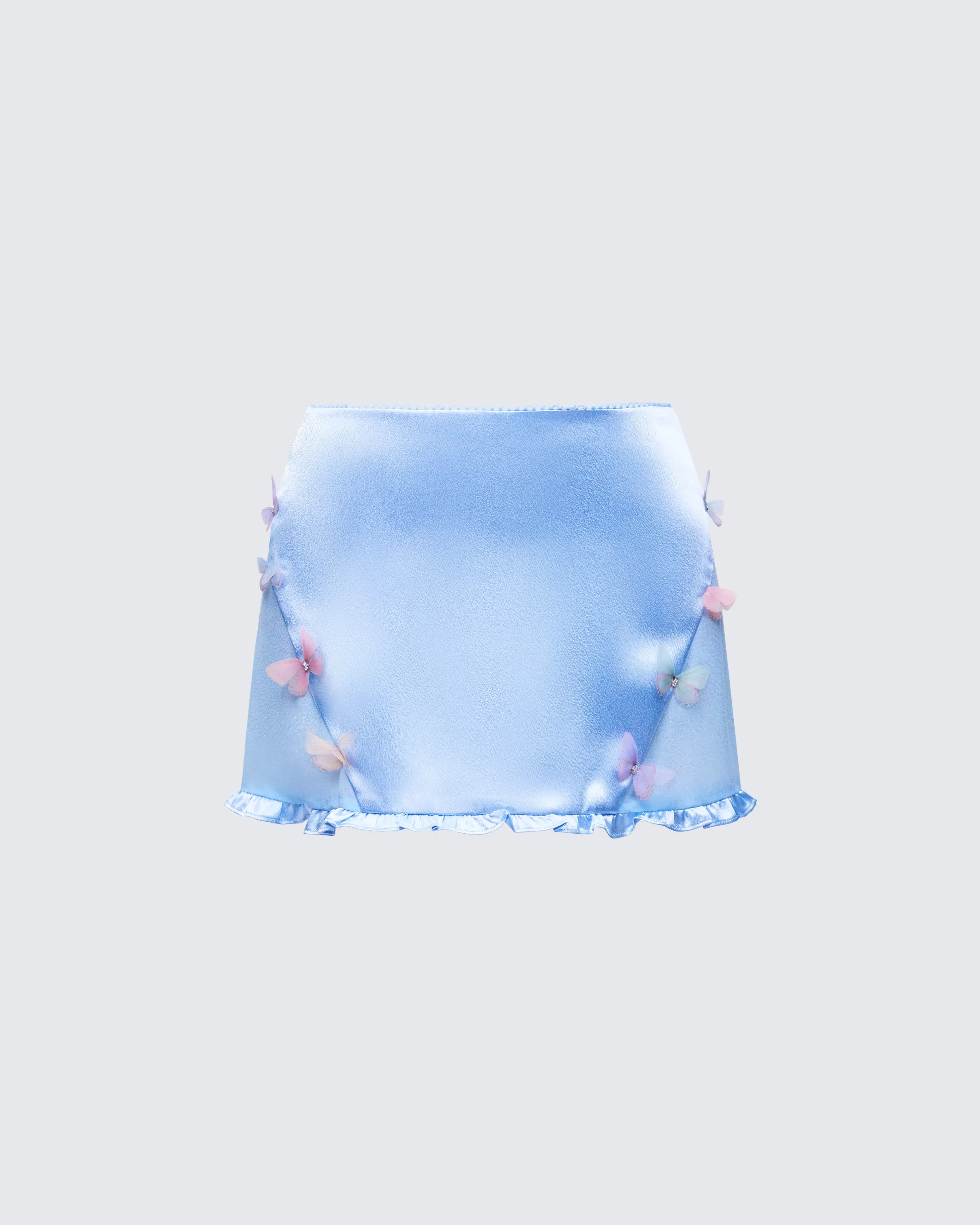 Women's Fitted Cute Faelina Blue Satin Mini Skirt with Butterfly Appliqué, Flirty Ruffles, Polyester Bottom, Ruffled Hem Skirt, Butterfly Skirts