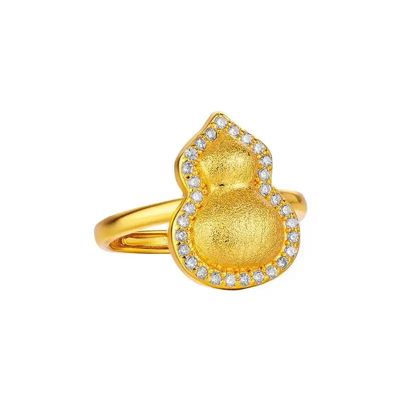 Women's Adjustable Goldtone Gourd-Shaped Open-Fitting Diamond-Accents Brushed Finish Sculptural Statement Ring, Sophisticated Niche Costume Jewelry, Valentine’s Gift for Girlfriend, Goldtone Ring, Brushed Finish Rings