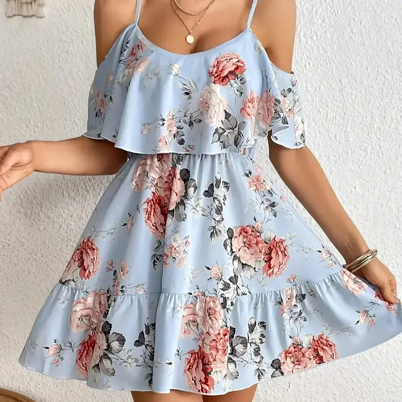 Women's Floral Print Cold Shoulder Spaghetti Strap Sleeveless Bohemian Dress, Boho Floral Ruffle Fashion Casual Dress for Daily Holiday Vacation Wear, Ladies Dress for Summer, Bohemian Summer Outfit, Bohemian Style Dress, Casual Fashionable Dress