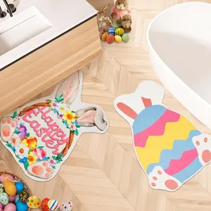 2Pcs Happy Easter Bathroom Rugs, Spring Easter Egg & Bunny Bath Mats, Non-Slip Rabbit Floral Shower Rug Set for Easter Bathroom Decor 24x19 Inches