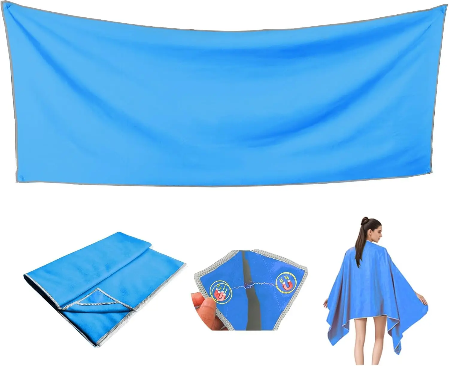 Oversized 75x30 Magnetic Beach Towel, Quick Dry Sand Free Microfiber Towel with Magnetic Corners, Portable with Storage Bag for Travel Swimming Pool Camping, Blue