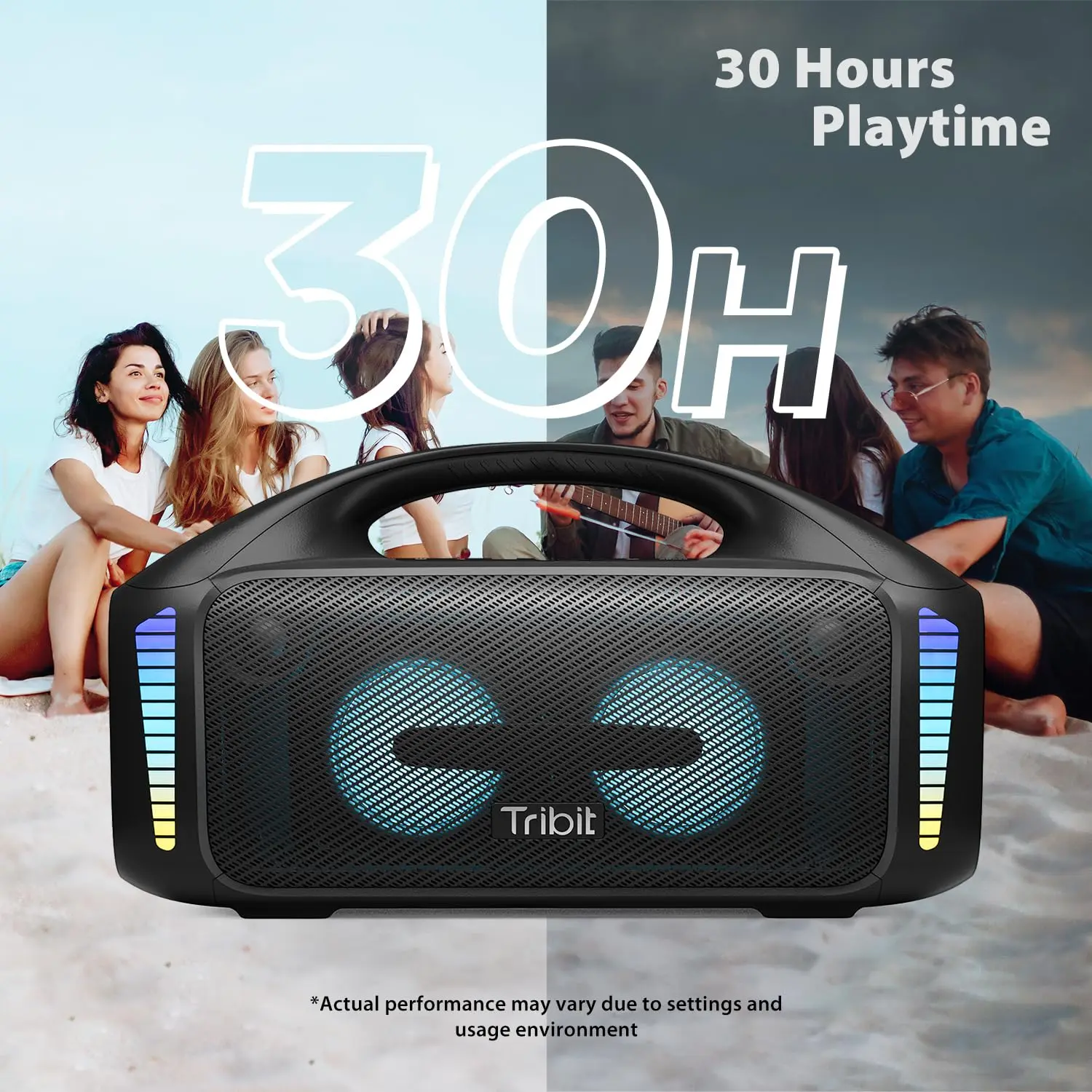TRIBIT StormBox Blast Portable Bluetooth Speaker with LED Light, IPX7 Waterproof, PowerBank, TWS Pairing, Custom EQ, 30H Playtime Party Speaker