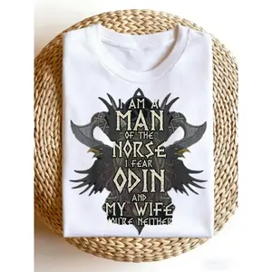 GGOR [Vikings T-Shirt] I Am Nordic, I Am In Awe Of Odin, My Wife Is Funny Vintage Crew Neck, Slight Stretch Fabric, Regular Fit for Adults, All-Season Wear, PLUS SIZE