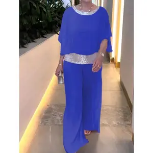 Women Sequined Patchwork Loose Batwing Blouse Pant Sets 2 pcs Sale Pink Loose Blouse&Wide Leg Loose Trousers Suits NMD-250310004