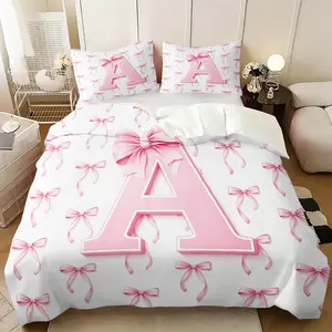 2/3Pcs Pink Bow Initial Letter Duvet Cover Set, Coquette Princess Style Comforter Cover, Soft Girly Bedding Set with Pillowcases, No Filler, Perfect Birthday Gift for Girls Teen Bedroom Dorm Room