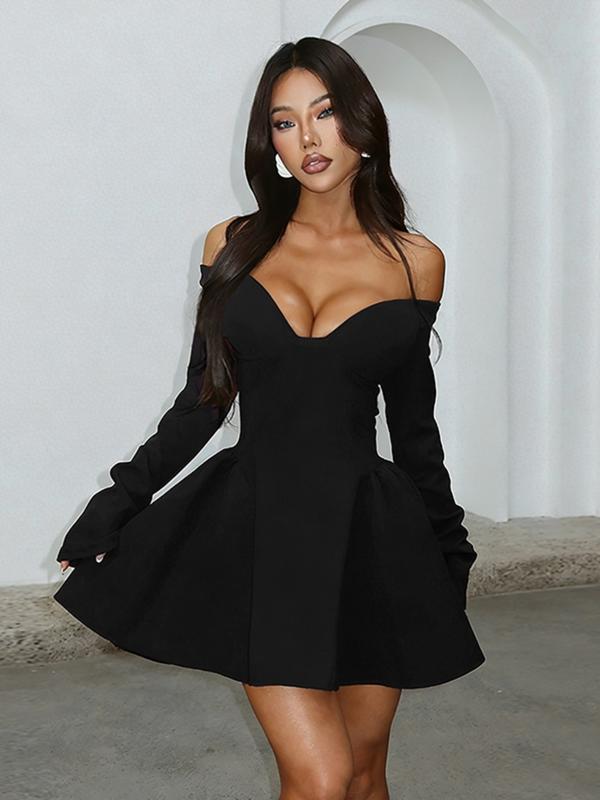 Women's Plain Off Shoulder A Line Dress - Elegant Long Sleeve Outfit for Valentine's Day, Party, Wedding Guest & Holiday