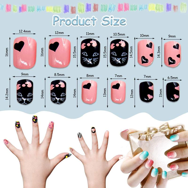 288PCS kids False Nail, Press on Pre-glue Full Cover Candy Pattern Short False Nail Kits with 48PCS Nail Adhesive Tabs, Valentine's Day Lovely Gift for Kids Little Girls Nail Art Decoration