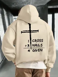 Men's Casual Loose Hooded Sweatshirt with Letter Cross Print, Fleece Lined Pullover for Outdoor Wear, Fall & Winter Fashion, Cross Print Hoodie