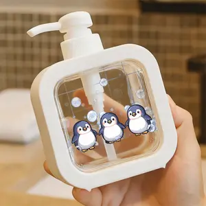 Cute Cartoon Penguins Design Soap Dispenser - Perfect for Bathroom/Kitchen Sink, Home/Office Countertop, Playful Bubbly Style, Transparent Bubbles & Grid Background, Liquid Soap Container for Kids' Bathroom, Easy to Clean Home Decor Accessory