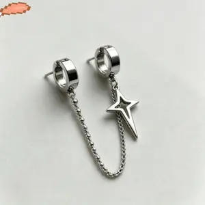 Unisex Hip Hop Ear Clips, Stainless Steel Chain Pendant Earrings With No Piercing Design For Daily Fashion Styling