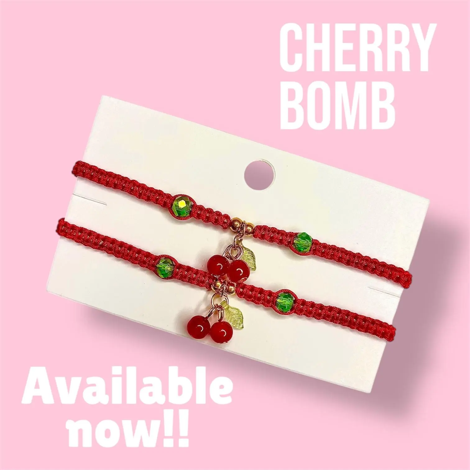 Cherry Bomb Knot Bracelet - Red Beaded Bracelet with Cherry Charm Design & Green Beads Available Now!