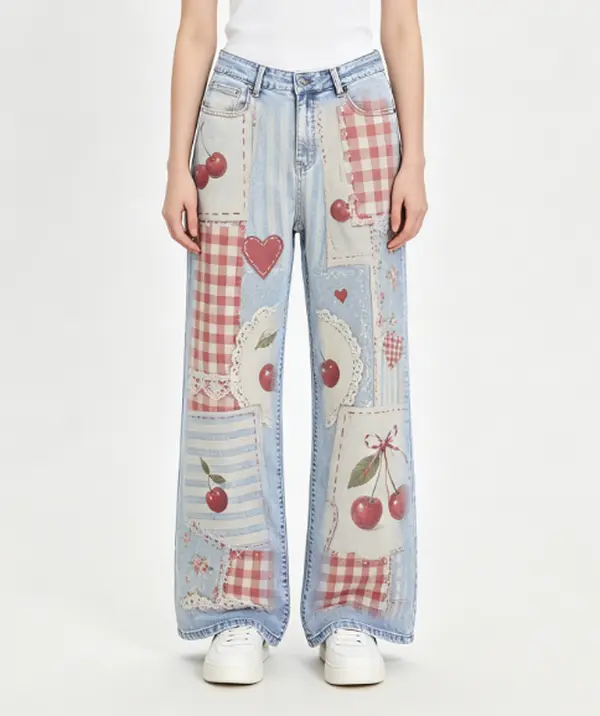 Light Wash High Waist Retro Red Cherry Plaid Lace Patchwork Collage Print Wide Leg Jeans Women Cottagecore Sweet Loose Bootcut Denim Pants, Patch Design Is Printed