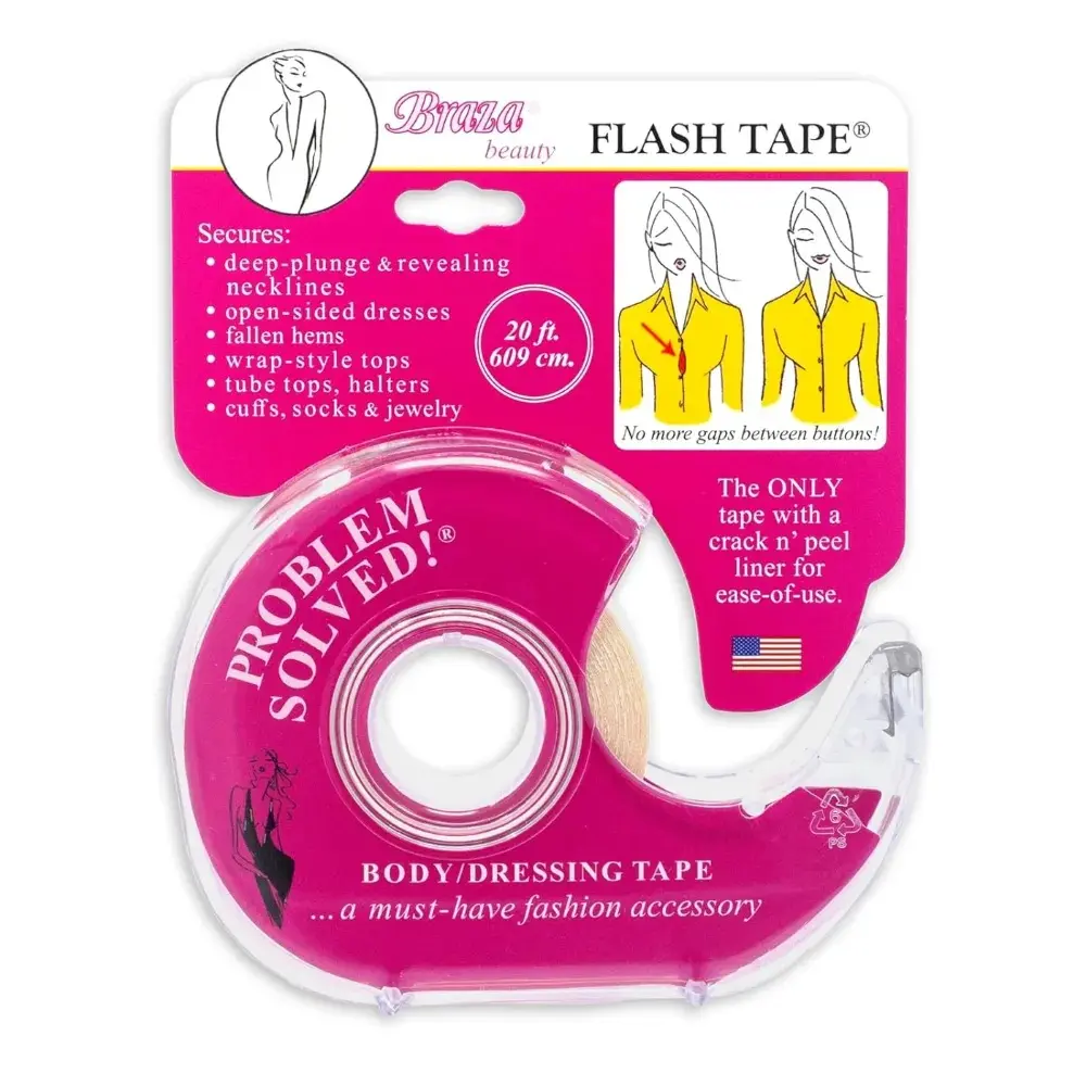 Braza Flash Tape Double-Sided Clear Clothing, Fabric and Body Tape, 20 ft Roll - For Hems, Straps, Necklines, Dresses, Costumes and Events