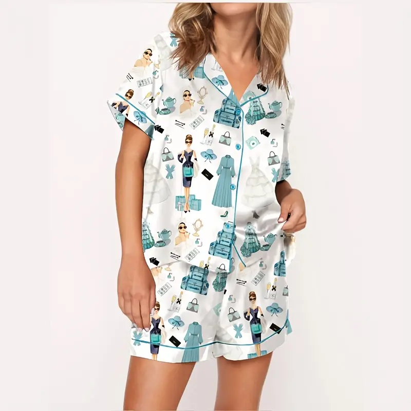 Women's 2-Piece Polyester Pajama Set - Lady's Casual Sleepwear Loungewear Clothes, Long-Sleeve Printed Top, White Breakfast Print Short-Sleeve Loose-Fitting Top Leisure Wear Top