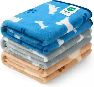 1 Pack 3 Dog Printed Fleece Pet Blankets Washable，Soft Warm Throw Covers for Crate Couch Bed，Cozy Puppy Essentials for Dogs and Cats， Blue/Grey/Khaki, Small (23x16 inch)