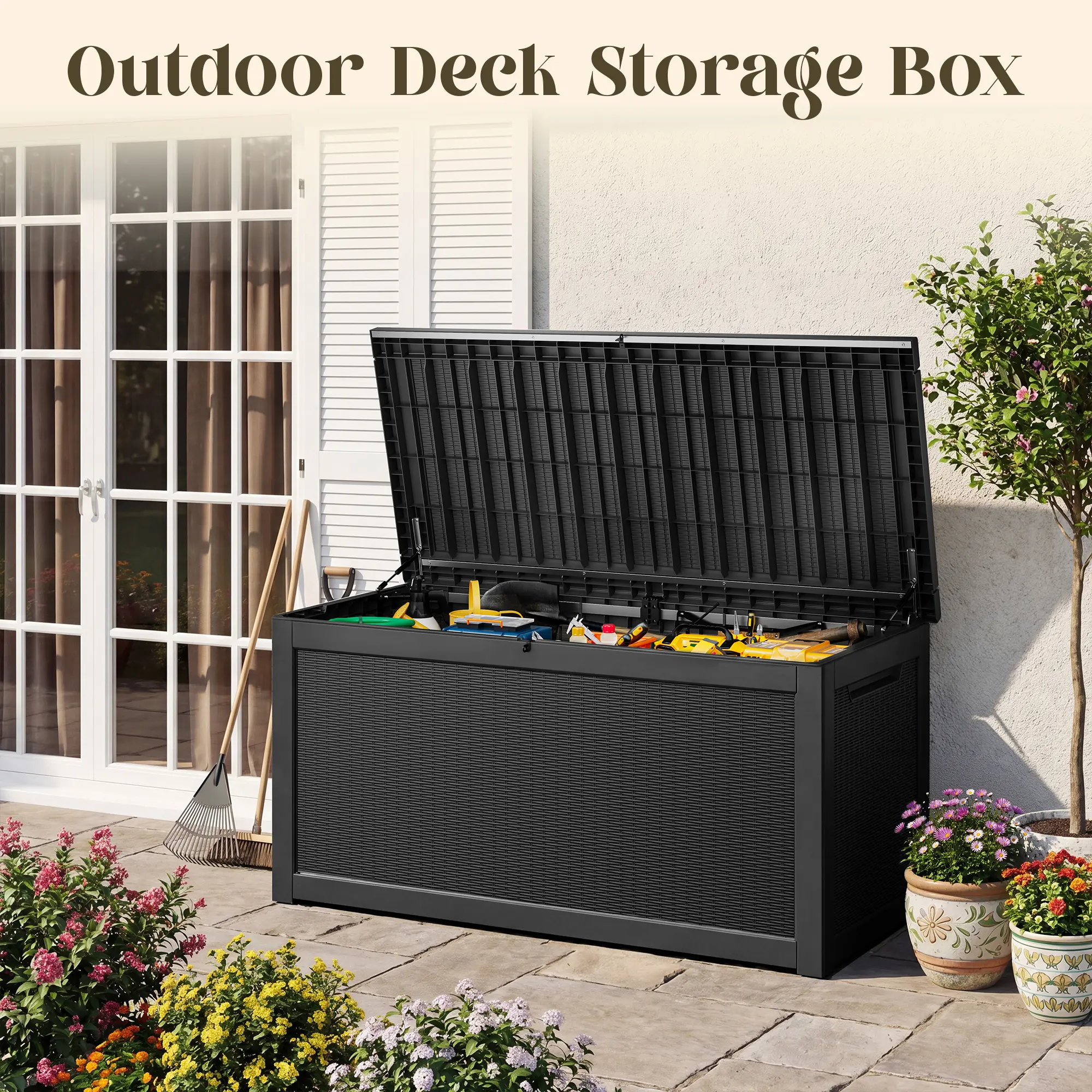 260 Gal Resin Outdoor Storage Box - Waterproof, UV-Resistant, Heavy-Duty Lockable Patio Deck Container (330lbs, 67.7"L×32.2"W×33.7"H, Stool-Compatible, Easy Assembly) for Pool Toys, Garden Tools