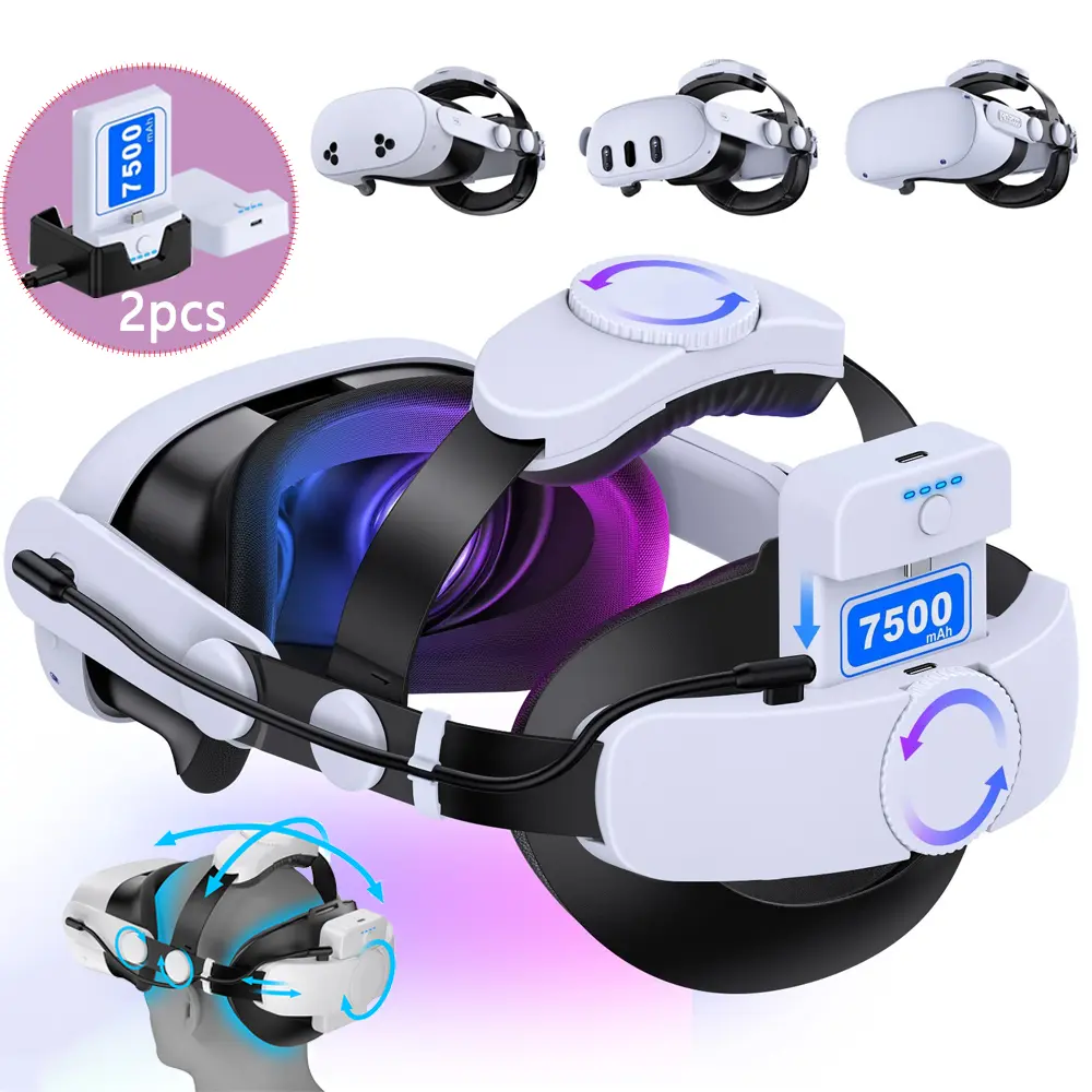 Adjustable Head Strap for Meta Quest 3S/3/2 VR Headsets - 2X7500mAh Hot-Swap Batteries, 6-8H Playtime, Large Support Pad, Pressure Reduction, Wireless, Cable - VR Accessories for Kids, Smart Wearable Devices