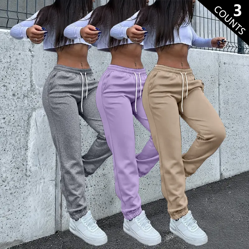 Pack of 3 women’s fashion casual solid-color lightweight breathable jogger pants with stretch, drawstring waist, and large pockets—suitable for sports, streetwear, everyday wear, etc. Pack of 3 women’s fashion casual solid-color lightweight breathable jogger pants with stretch, drawstring waist, and large pockets—suitable for sports, streetwear, everyday wear, etc.