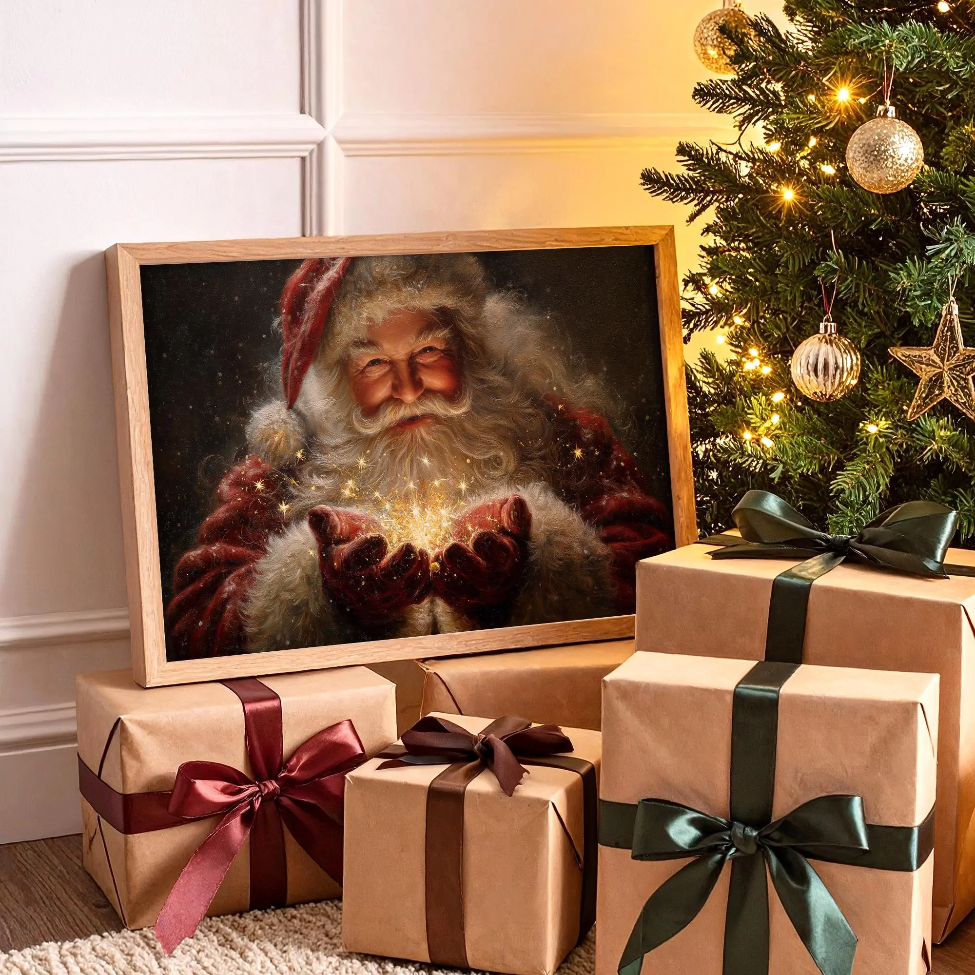 Magical Santa Claus Canvas Wall Art | Vintage Christmas Painting Print | Festive Holiday Décor with Sparkling Golden Glow