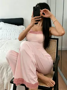 Women's Lace Trim Tank Top Pajama Set, Soft Stretch Home Sleepwear, High Waist Wide Leg Casual Sleep Pants