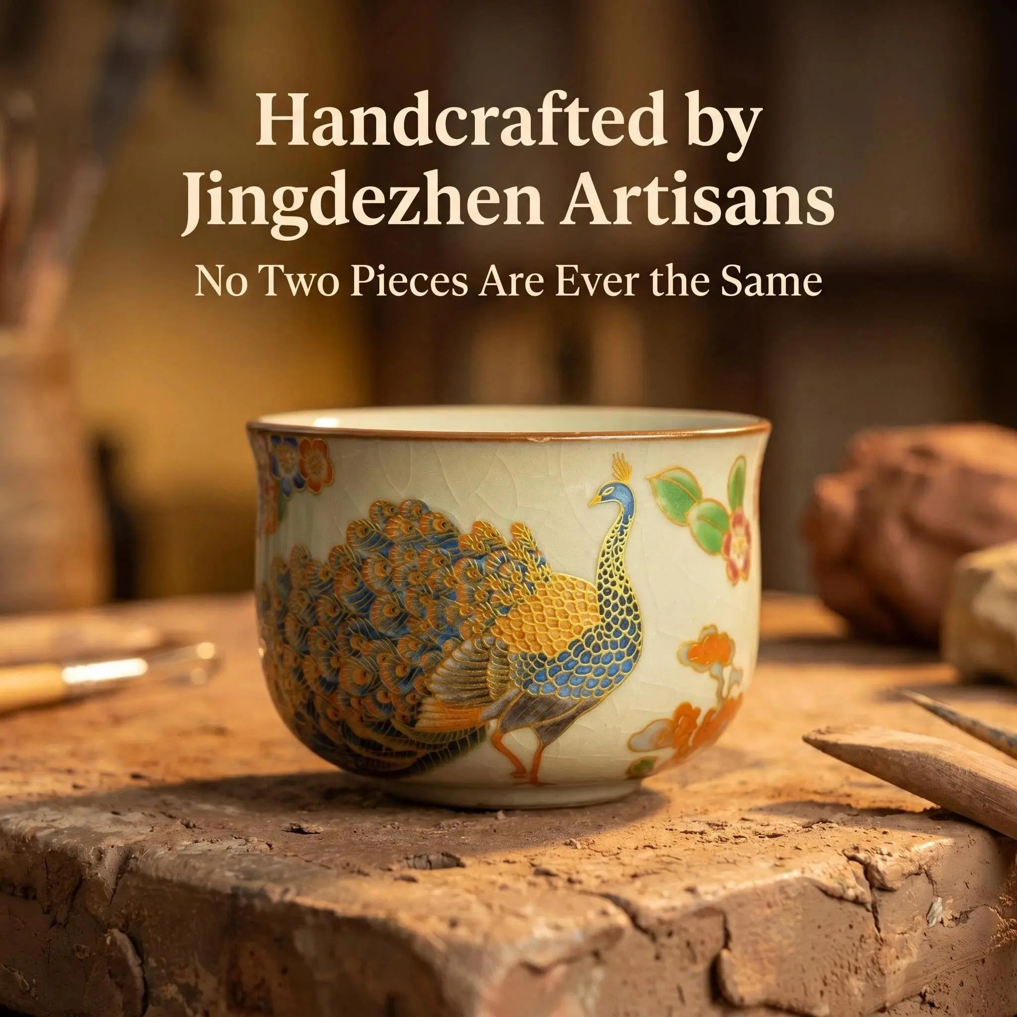 Traditional Hand-Painted Peacock Porcelain Teacup – 2.46 oz with Gold Accents, Decorative Collectible Drinkware