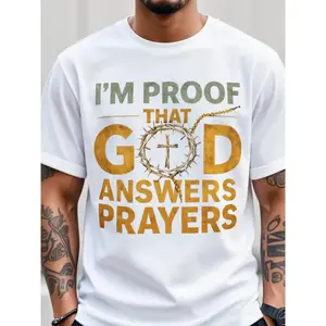Men's Christian T-Shirt "I Am the Proof of God's Response to Prayer" with Golden Crown Cross & Lettering - Ultra-Soft Breathable Fabric Suitable for Church, Easter, Christmas - White & Black Crew Neck Short Sleeve, Unisex (Machine Washable) Religious