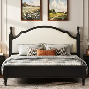 King Size Platform Bed with Upholstered Headboard, Wood King Bed Frame with Slats, No Box Spring Needed, Black Frame+Beige Fabric