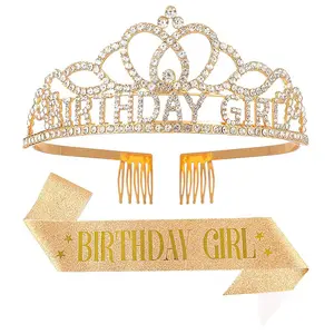 P-HDW016   Birthday Tiara and Crown with Sash for Women, Hair Accessories for Wedding Party Costume (A1 - Gold)