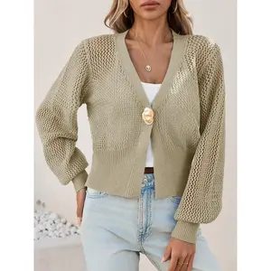 FMEYOA Womens Cropped Crochet Cardigans Hollow Out Button Down Lantern Sleeve Knit Sweaters Casual Mesh Loose Fit Cover Up