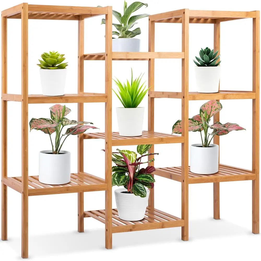 Natural Bamboo 9-Tier Standing Shelf Unit - 33 lbs. Single Unit Water-Resistant Adjustable Vertical Rack, Clean Aesthetic Setup Inspo for Plants, Flowers, Home Decor, Easy-to-Assemble Indoor-Outdoor Organizer