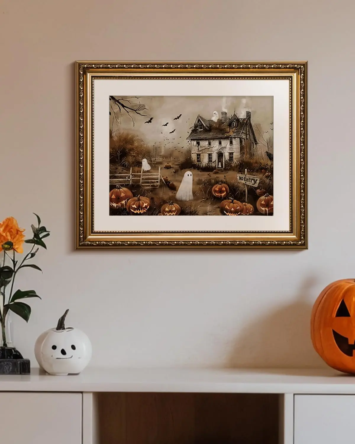 5D Diamond Painting Kit Vintage Haunted House Ghost Pumpkin Bat Rustic Halloween Country Scene Crystal Rhinestone Wall Art Decor Gift