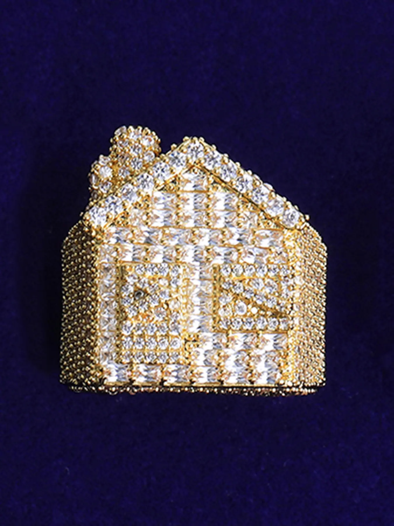 Iced Out House Ring for Men, Prong Setting Gold Plated Cubic Zirconia Ring, 5A Hip Hop Jewelry Statement Rings Iced Out House Ring for Men, Prong Setting Gold Plated Cubic Zirconia Ring, 5A Hip Hop Jewelry Statement Rings
