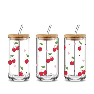 Cherry & Heart Pattern Tumbler with Lid & Straw, 1 Count Reusable Glass Cup, Drinking Cup for Home Office Use, Coffee Bar Accessory, Drinkware, Vibrant Glass Cups