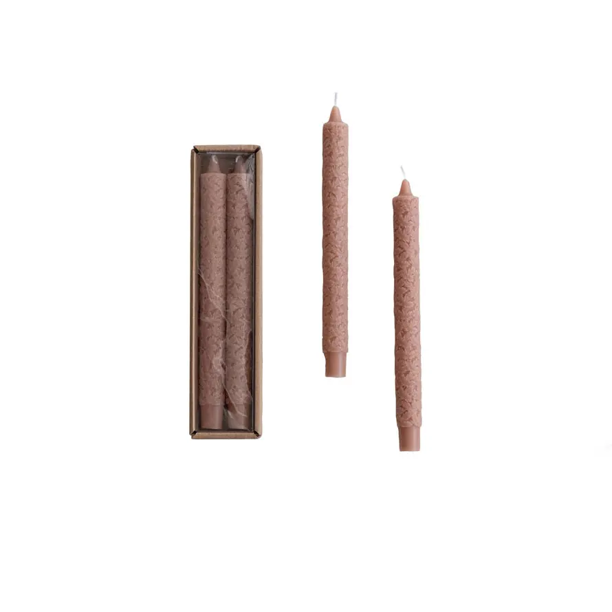 Tan Unscented Maple Leaf Pattern Taper Candles, 2-Piece Decor-Focused Box Set - 10 in (10"h) Height, 9 Hours Burn Time Home Decor Candles